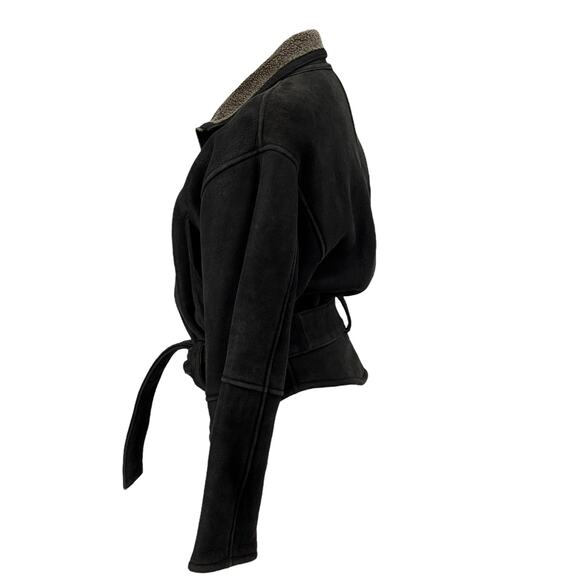 Andrew Marc Suede Shearling Jacket Women SZ S Black Belted Shearling Moto Biker - Picture 8 of 14